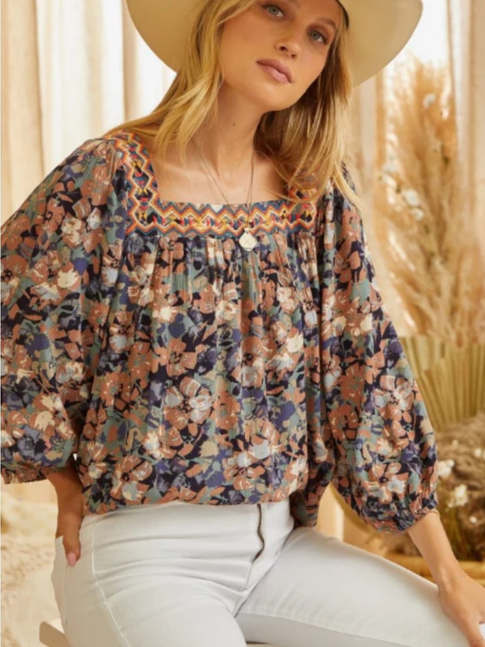 Savanna Jane Multicolor Floral Smocked Square-Neck Peasant Blouse
